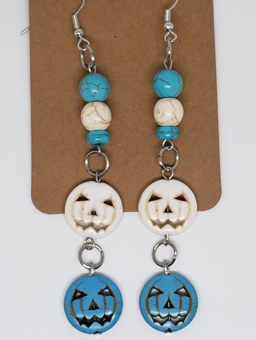 Handmade White Turquoise Beaded Halloween Pumpkin Dangle Earrings